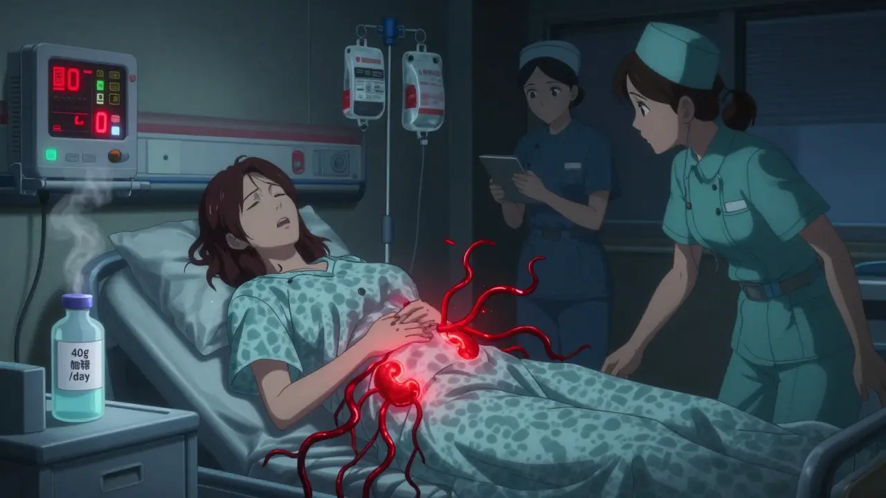A woman in pain in a hospital, glowing infection spreading from her kidney, medical staff rushing.