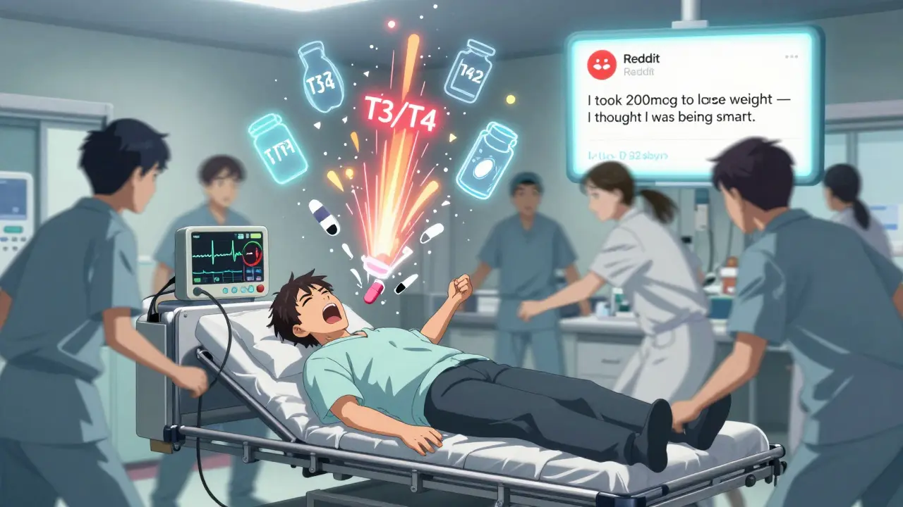 An emergency room scene with a patient's heart monitor spiking to 142 bpm, surrounded by medical staff and floating thyroid hormone icons.