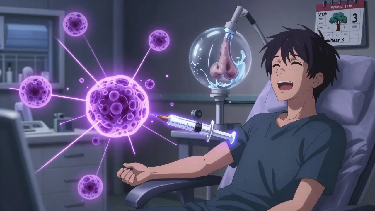 Biologic injection neutralizing allergic immune cells, nasal polyps shrinking as endoscope reveals progress, calendar showing long-term improvement.