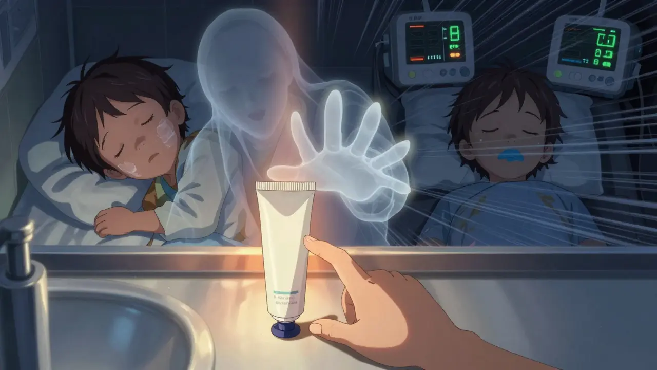 Child reaching for a cream tube as a ghostly doctor tries to stop them, with contrasting healthy and toxic outcomes.