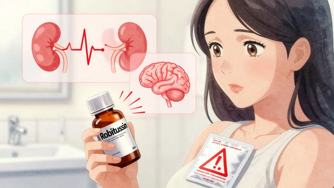 Close-up of a pregnant woman reading a medication label with dangerous ingredients glowing red.