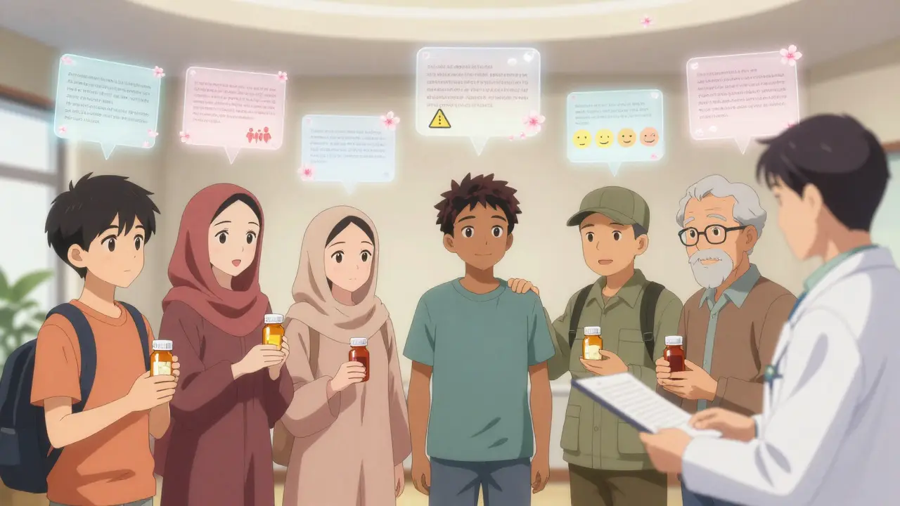 Diverse patients in a circular consultation space, with personalized AI-generated script fragments floating above them.