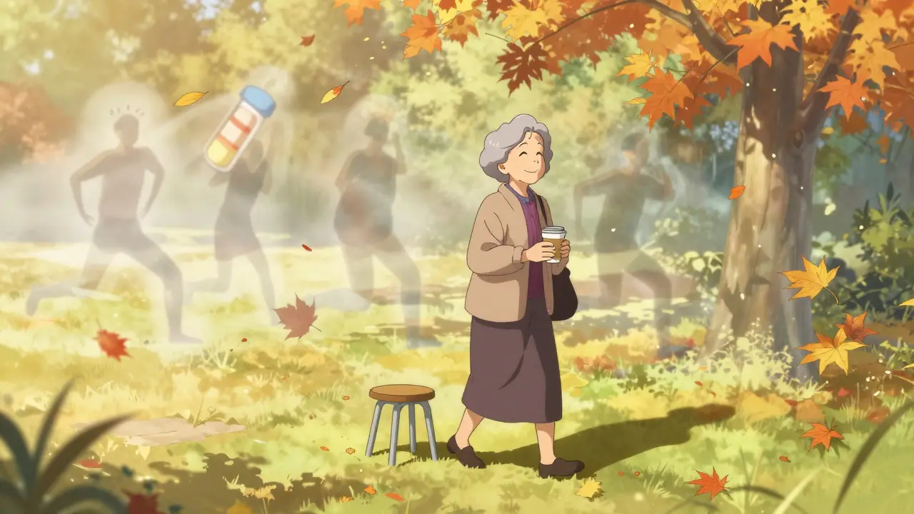 Elderly woman walking in park, healthy colon shadow beside her, laxatives fading away.