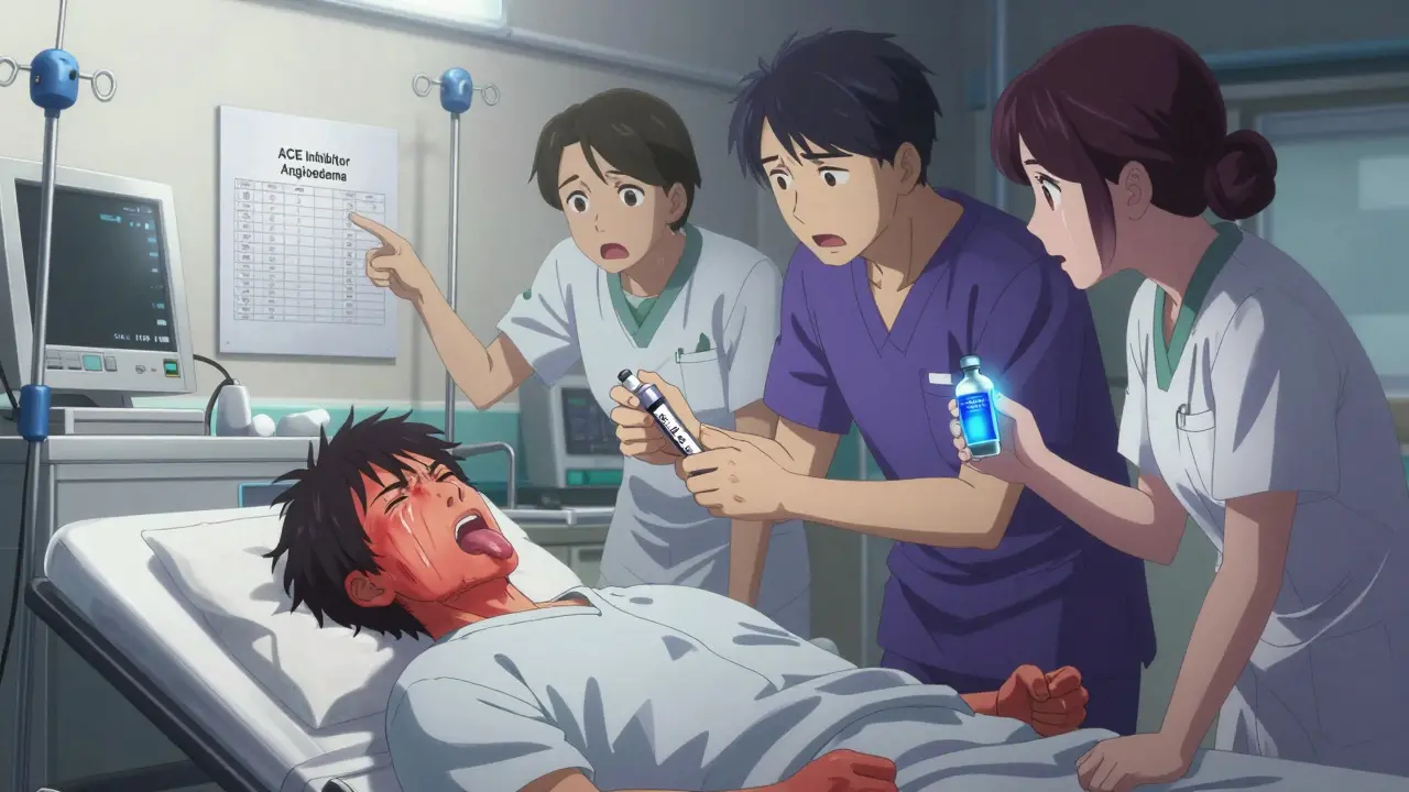 Emergency room patient with facial swelling, medical staff holding ineffective epinephrine, Icatibant vial in foreground.