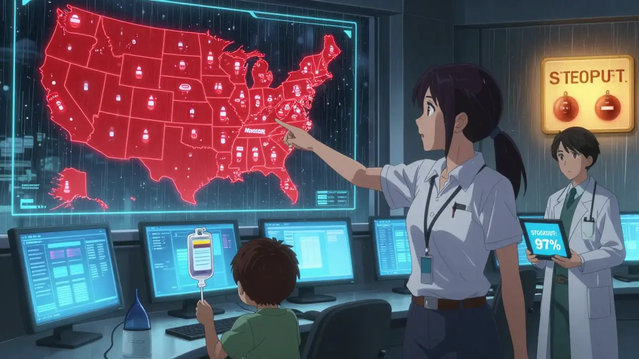 FDA analysts monitor red-hot drug supply hubs on a holographic map as a child holds an empty IV bag.