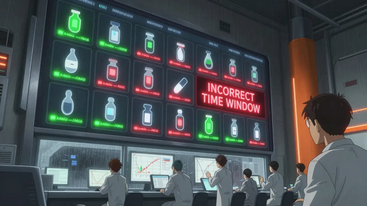 FDA inspection room with 127 drug icons, one flashing red rejection for incorrect pAUC timing.
