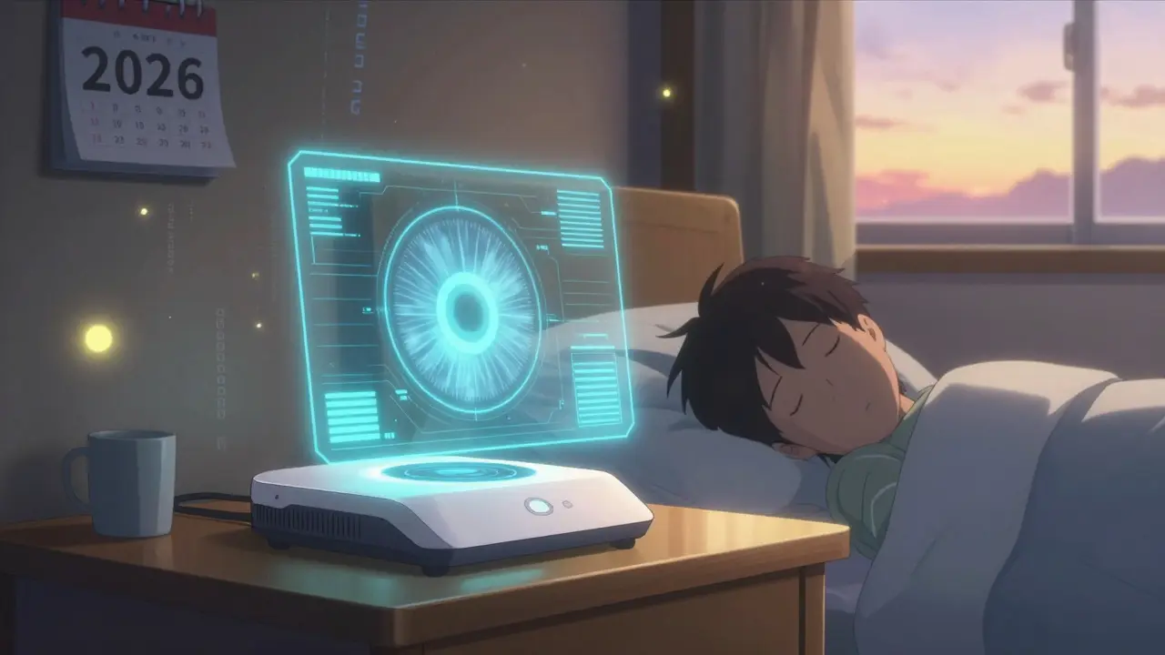 Home eye-monitoring device projecting holographic optic nerve scan at dawn, genetic patterns floating nearby.