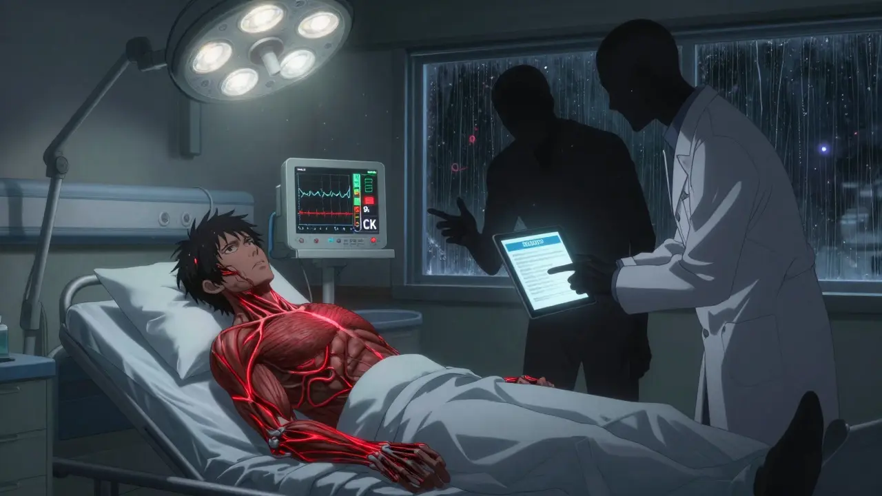 Hospital patient in rigid spasm with medical monitors flashing danger levels under harsh ICU lights.