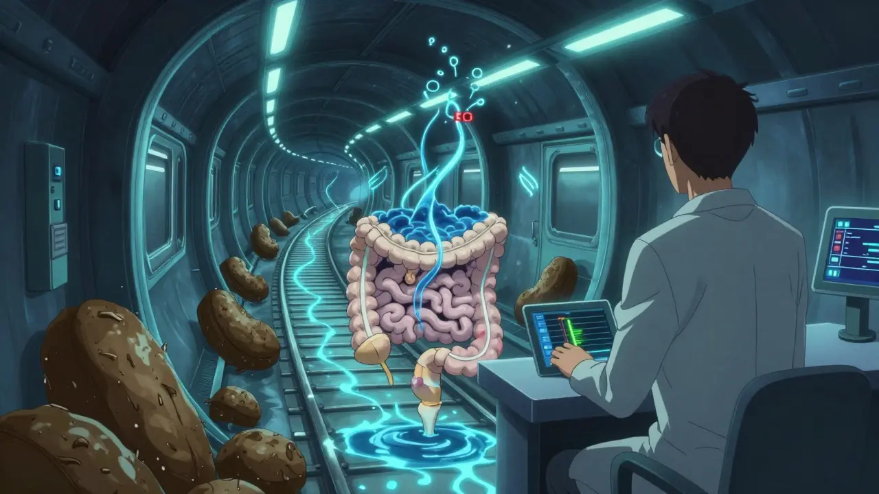 Internal view of colon as subway tunnel with laxatives dissolving stool blockages.