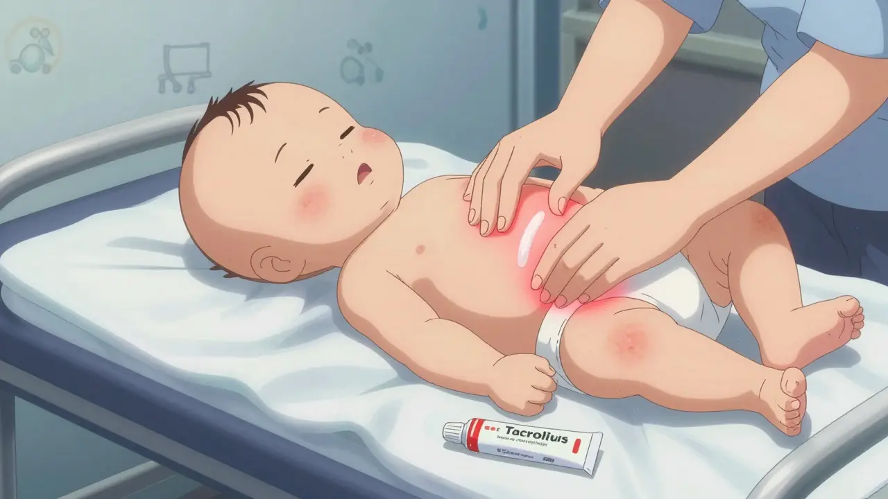 Parent applying safe eczema cream while a dangerous steroid tube glows ominously nearby.