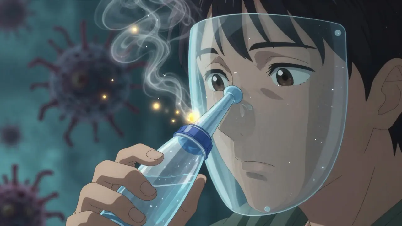 Person using neti pot with distilled water, allergens and mucus swirling away in golden particles, protective saline shield visible.