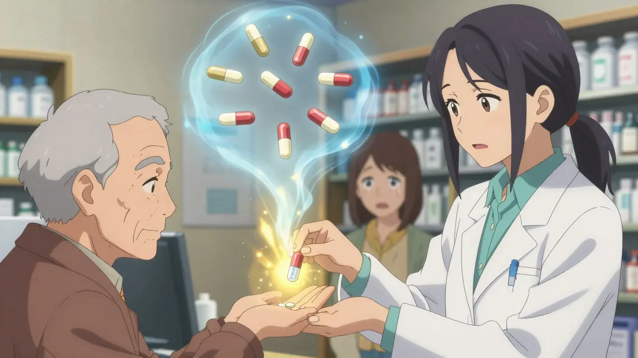 Pharmacist giving an elderly man a single pill as his old medication regimen dissolves into smoke.