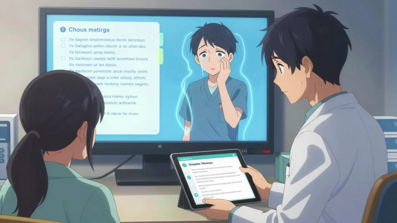 Pharmacy student practicing counseling with a digital script that adapts to emotional cues during training.