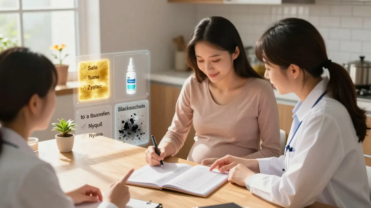 Pregnant woman and provider reviewing a safe medication list with glowing icons around them.