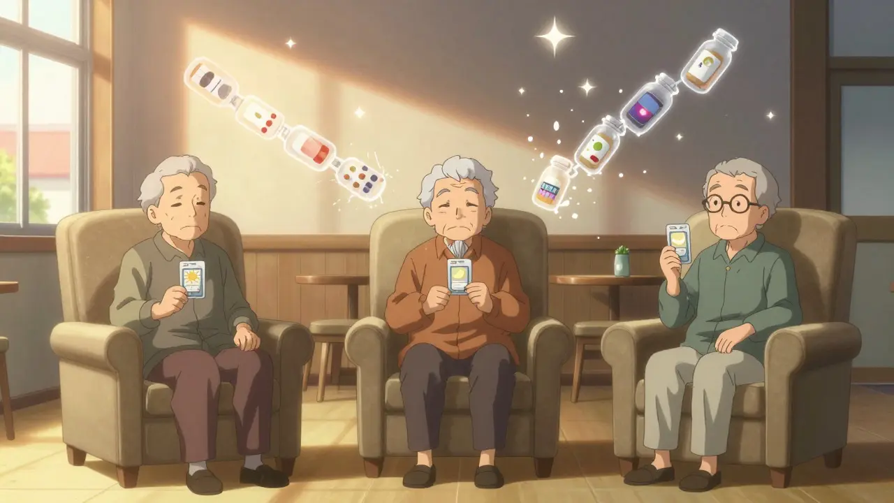 Seniors in a lounge holding simplified blister packs as floating pill bottles shatter into sparkles.