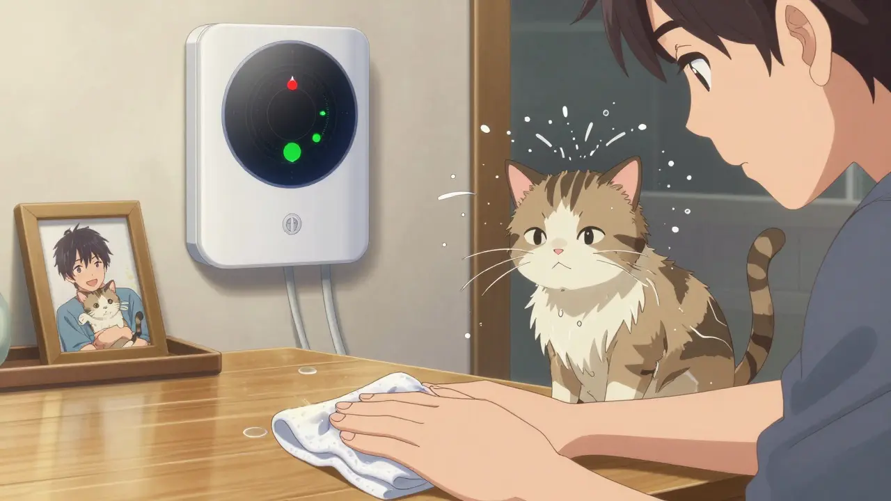 Someone wiping a countertop as a freshly bathed cat shakes off water nearby, with an air purifier showing declining allergen levels.