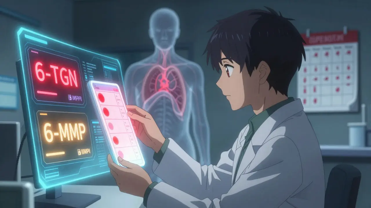 Specialist monitoring glowing blood metabolite levels on a holographic screen, with alarms flashing in a clinical lab setting.