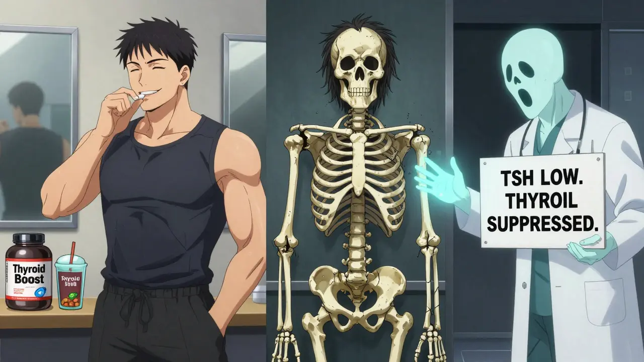 Split image: a gym-goer taking thyroid pills versus their skeletal, decaying future with a warning sign about suppressed thyroid function.