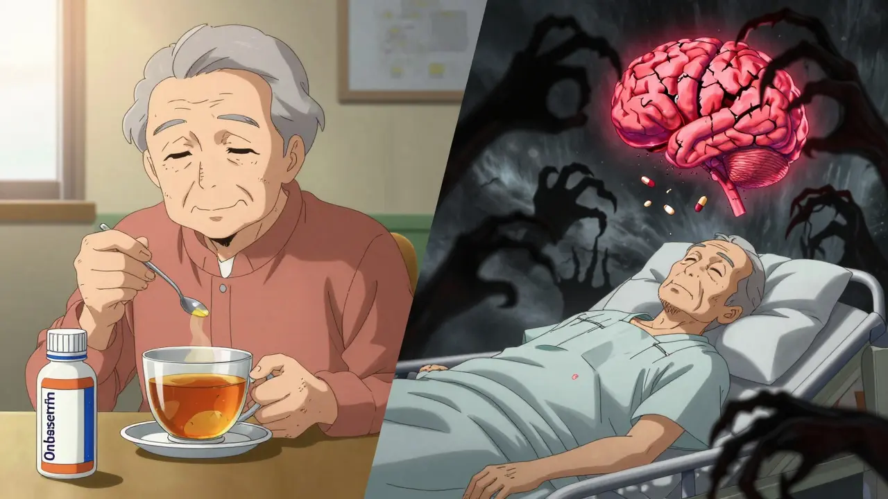 Split image: healthy person with safe medication vs. same person collapsing under dangerous drug shadows.