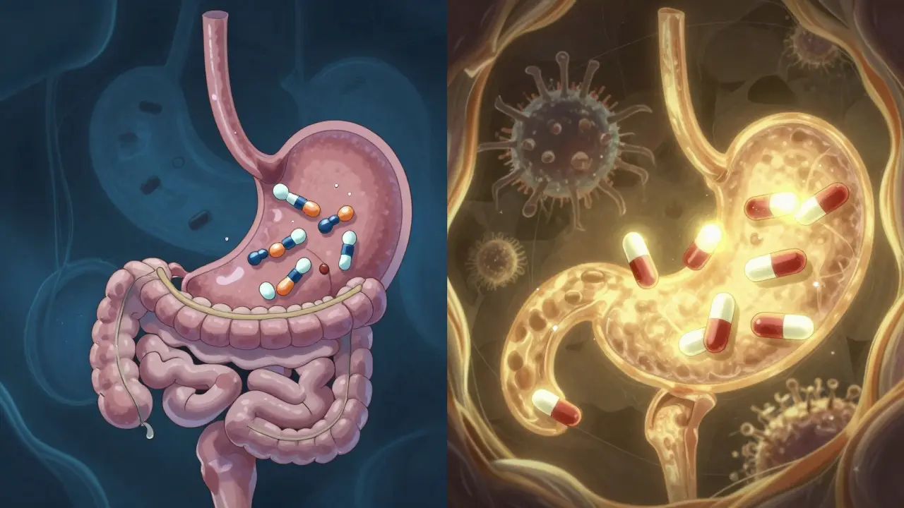Split image showing calcium blocking antibiotic absorption vs. successful entry into bloodstream.