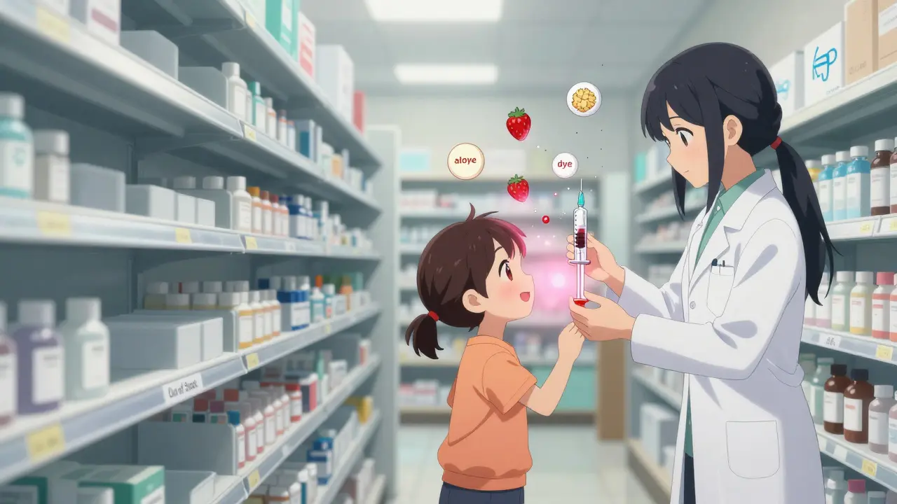 Split scene: empty pharmacy shelves vs. a child receiving a flavored liquid medicine from a compounding pharmacist.