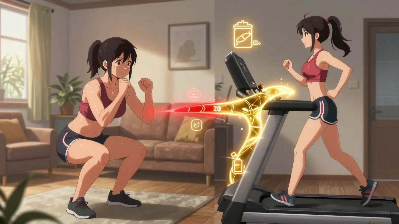 Split scene of a woman lifting weights now versus jogging in the past, connected by a glowing metabolic transformation path.