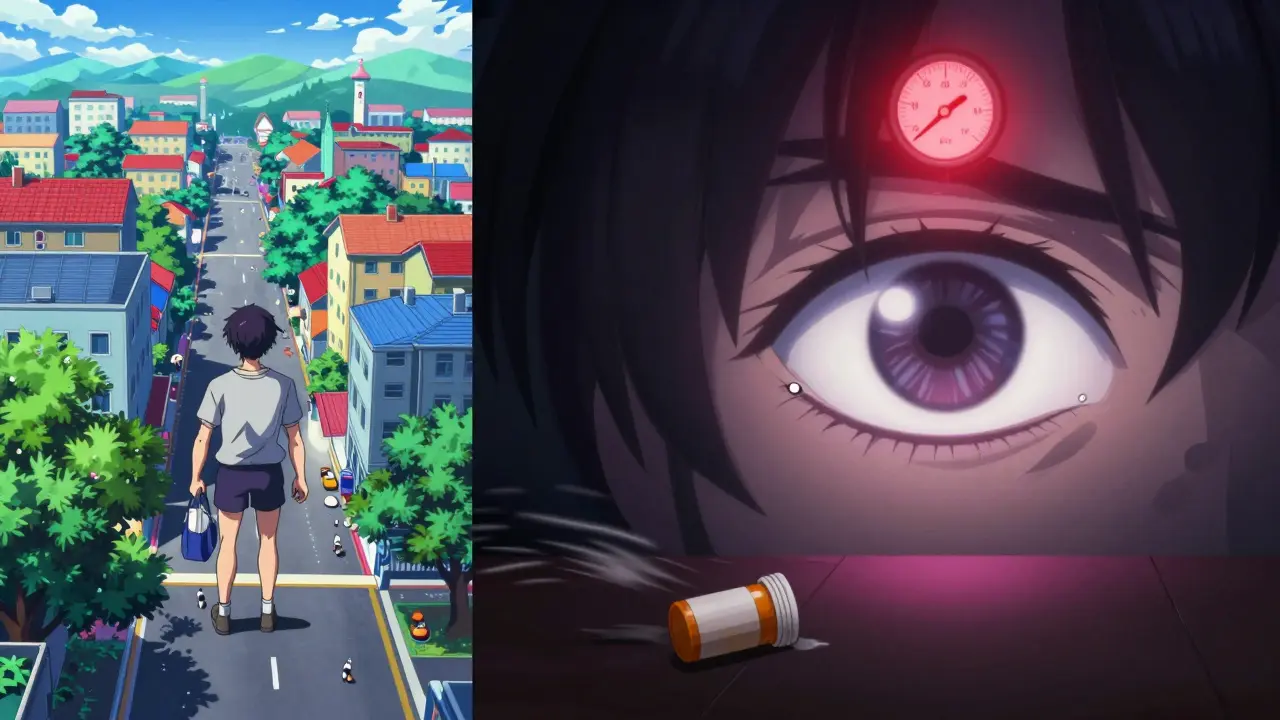 Split-screen vision: clear world vs. hazy, tunnel-vision view with glowing halos and rising pressure gauge.