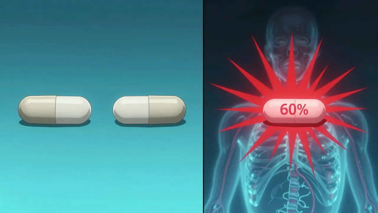Two dissolving opioid tablets showing different early release rates, one safe, one dangerous.