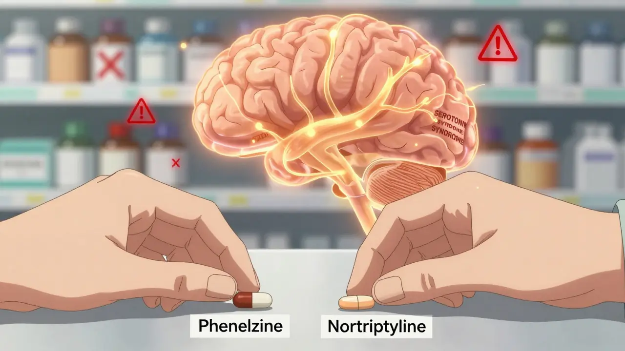 Two hands placing MAOI and nortriptyline pills on a table, with safe brain neurotransmitter flows and fading danger symbols.