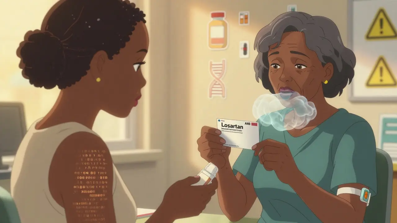 Woman receiving ACE inhibitor prescription, later wearing medical alert bracelet and switching to ARB medication.