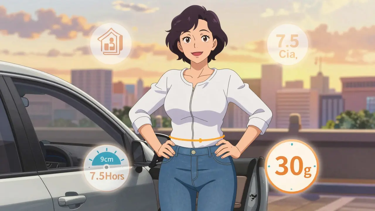 Woman smiling in well-fitting jeans, surrounded by symbols of improved sleep, protein intake, and waist reduction.