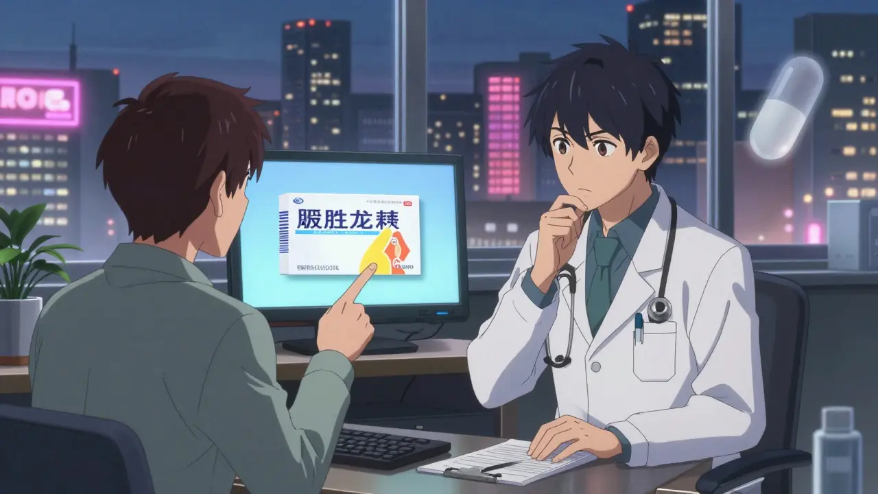 A doctor hesitates to prescribe a branded drug as a patient requests it after seeing a commercial, with faint generic pill imagery in the background.