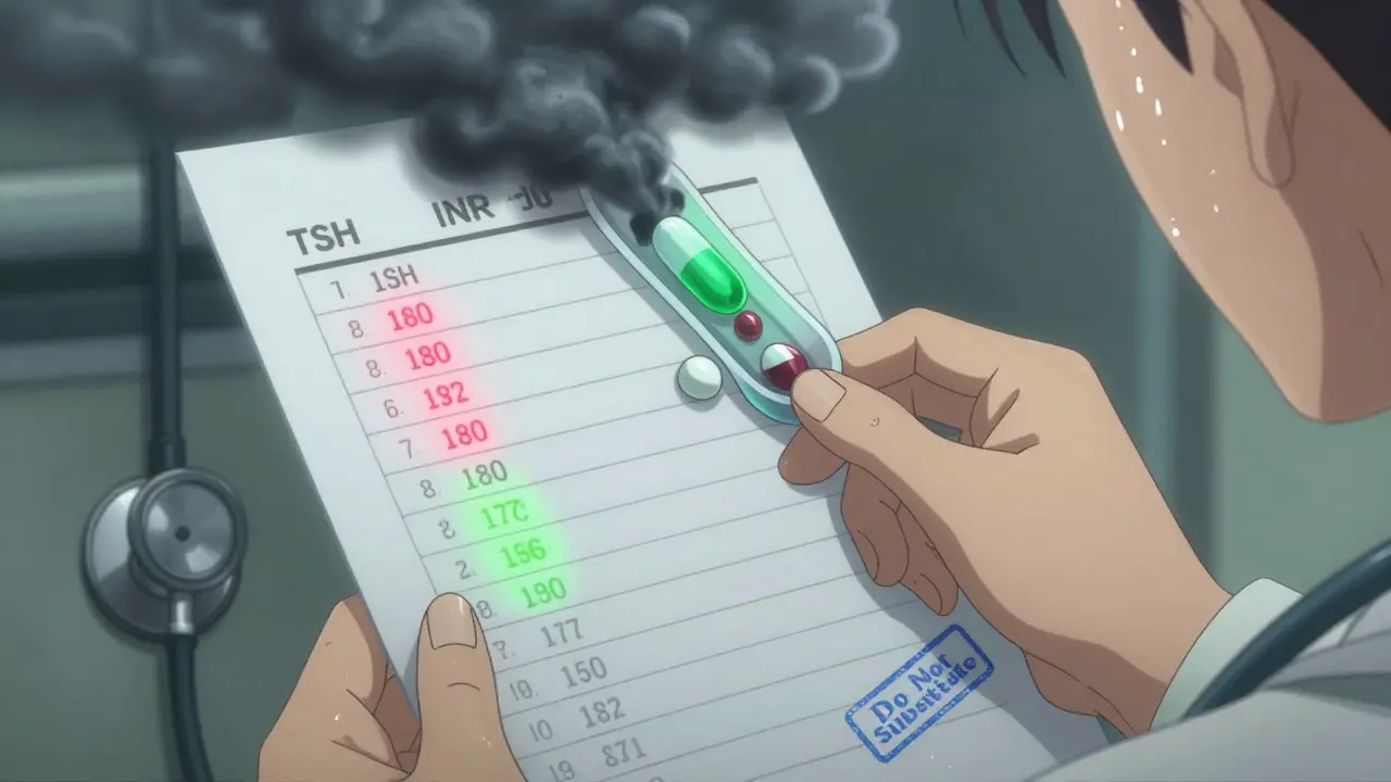 A hand examining lab results with red and green values, a dissolving pill showing uneven absorption in a blood vessel.