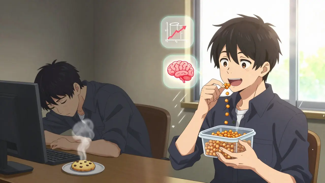 A person choosing a healthy protein snack over a cookie, with energy radiating from their body.