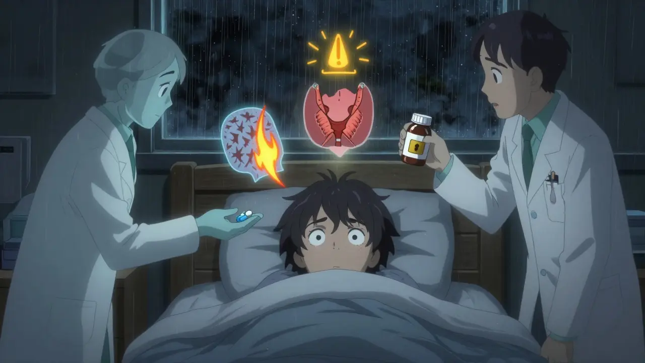A person in bed at night surrounded by floating symptoms like rash, migraine, and thyroid instability, with doctor and pharmacist figures nearby.