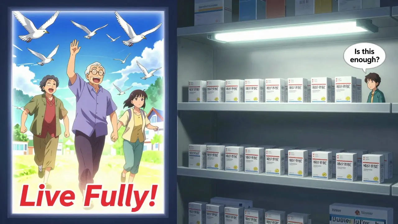 A vibrant branded drug ad contrasts with a dull pharmacy shelf, highlighting the emotional manipulation of advertising.