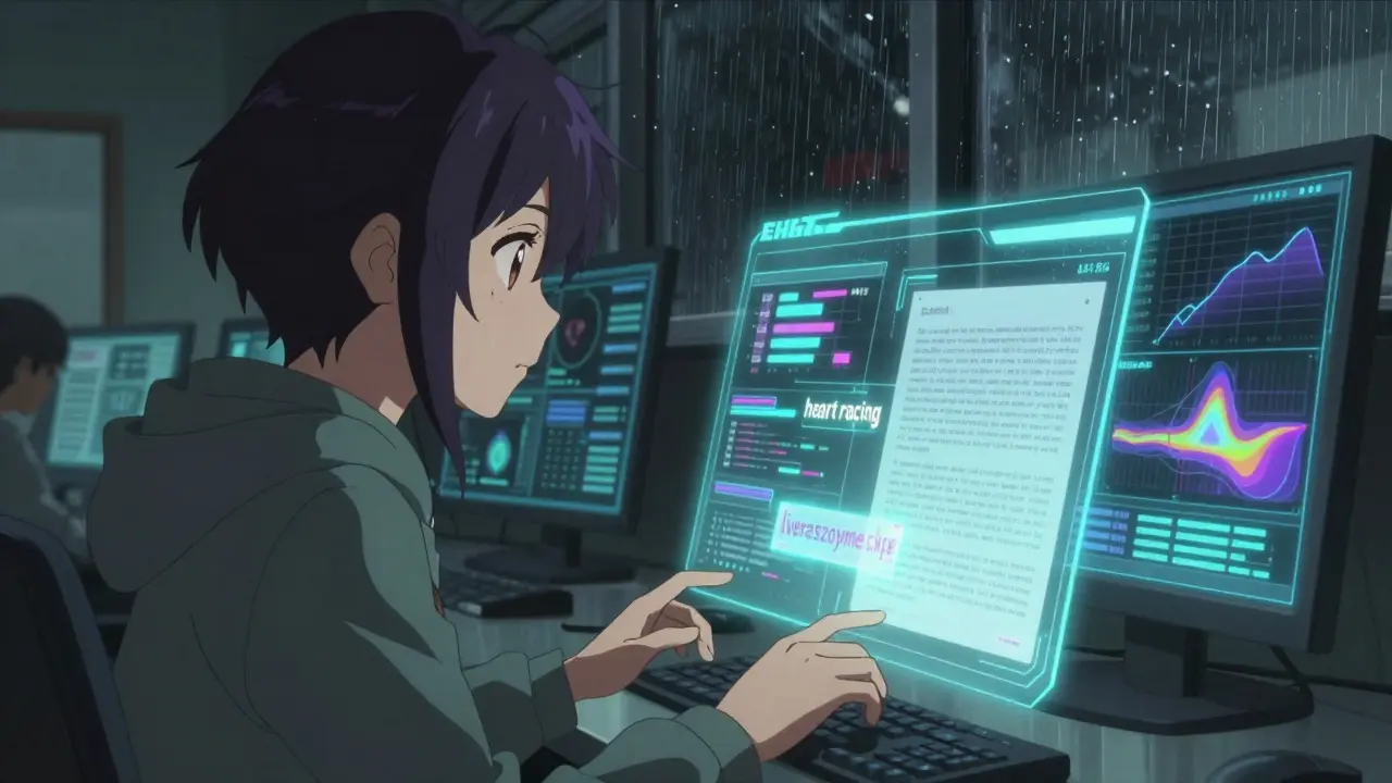 An analyst working with holographic clinical notes and AI-powered risk maps in a dimly lit command center.