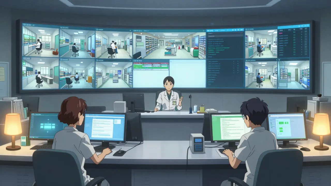 Central pharmacy hub monitoring multiple rural clinics via video screens.