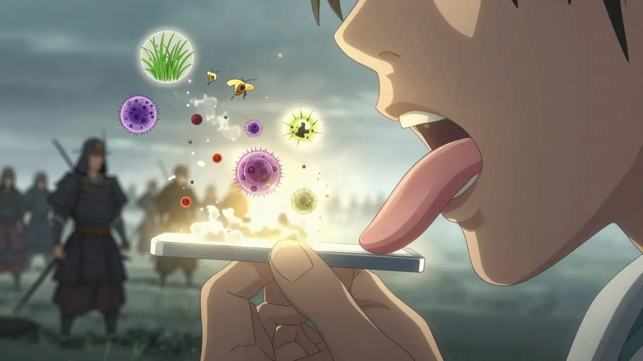 Close-up of a tablet dissolving under the tongue, with symbolic immune cells battling allergens in a cinematic battle of light and shadow.