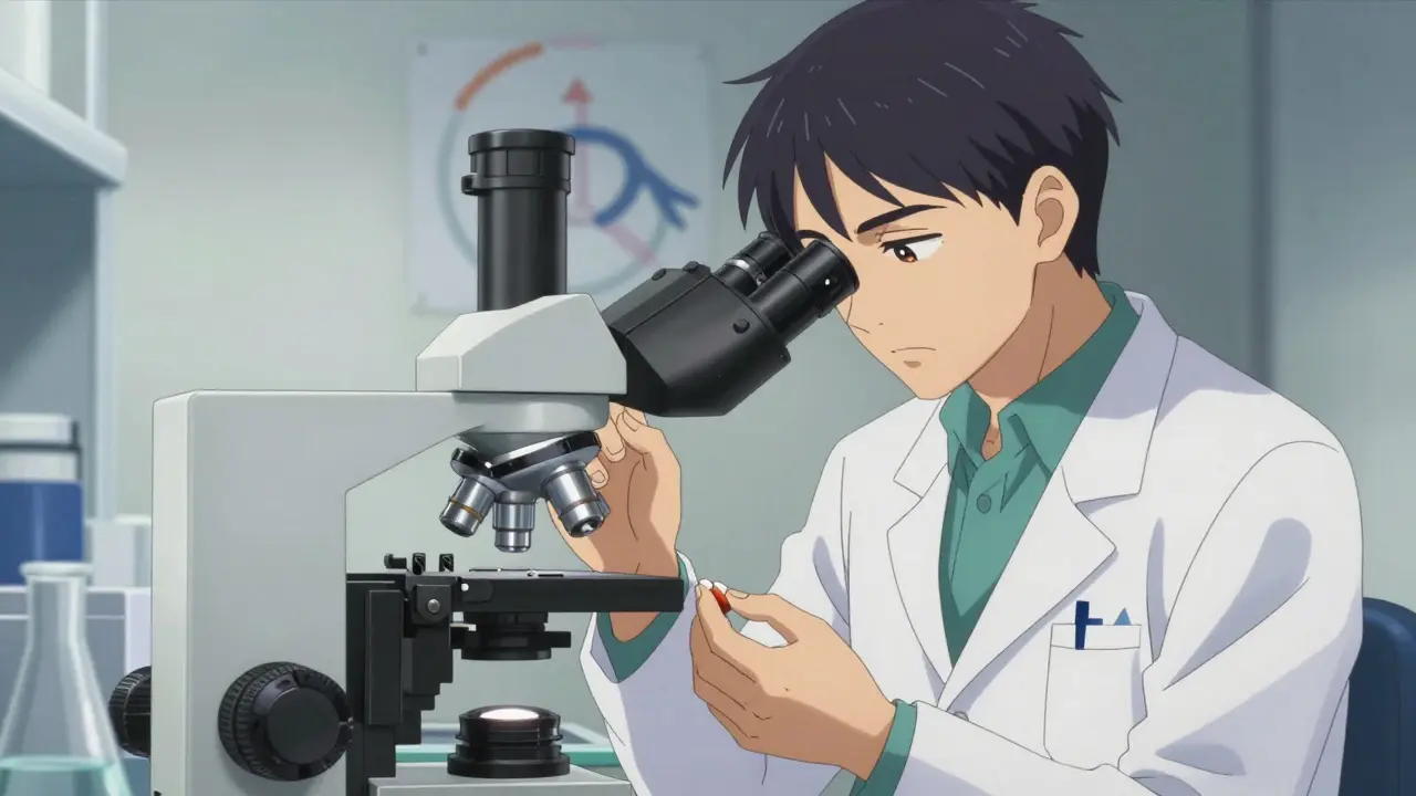 FDA scientist analyzing pill samples under microscope for regulatory compliance.