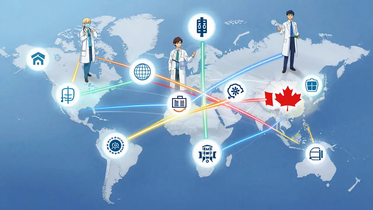 Global map with connected regulatory symbols showing international NTI drug collaboration.