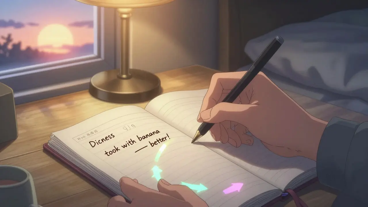 Hand writing in a notebook at night, showing medication tracking with notes on timing and food, illuminated by warm lamplight.