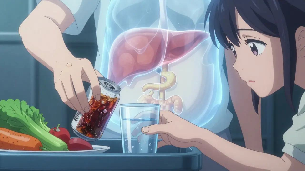 Hands replacing soda with water and vegetables, translucent overlay showing visceral fat melting away.