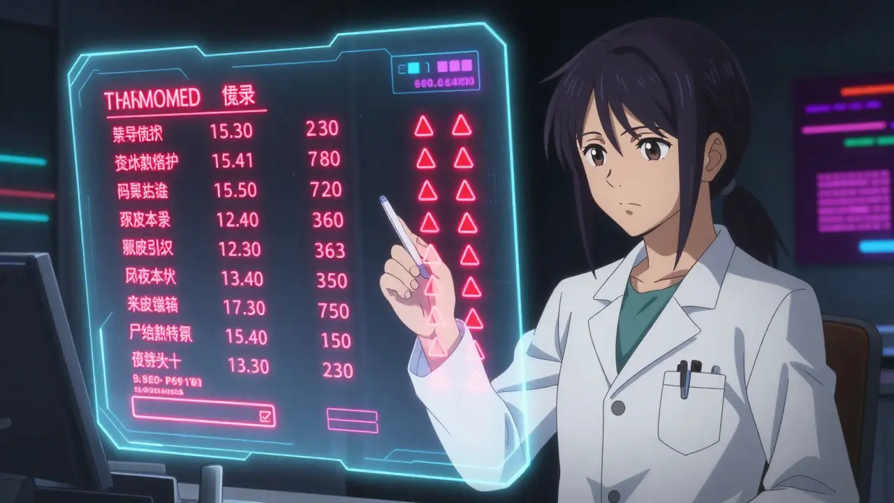 Holographic AI interface analyzing prescription data with error warnings.