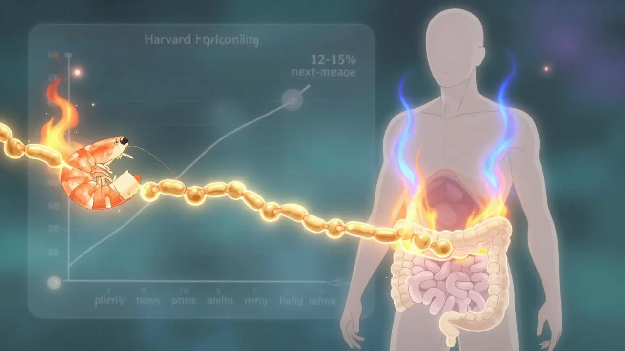 Molecular visualization of protein digestion with glowing amino acids and thermic effect flames.