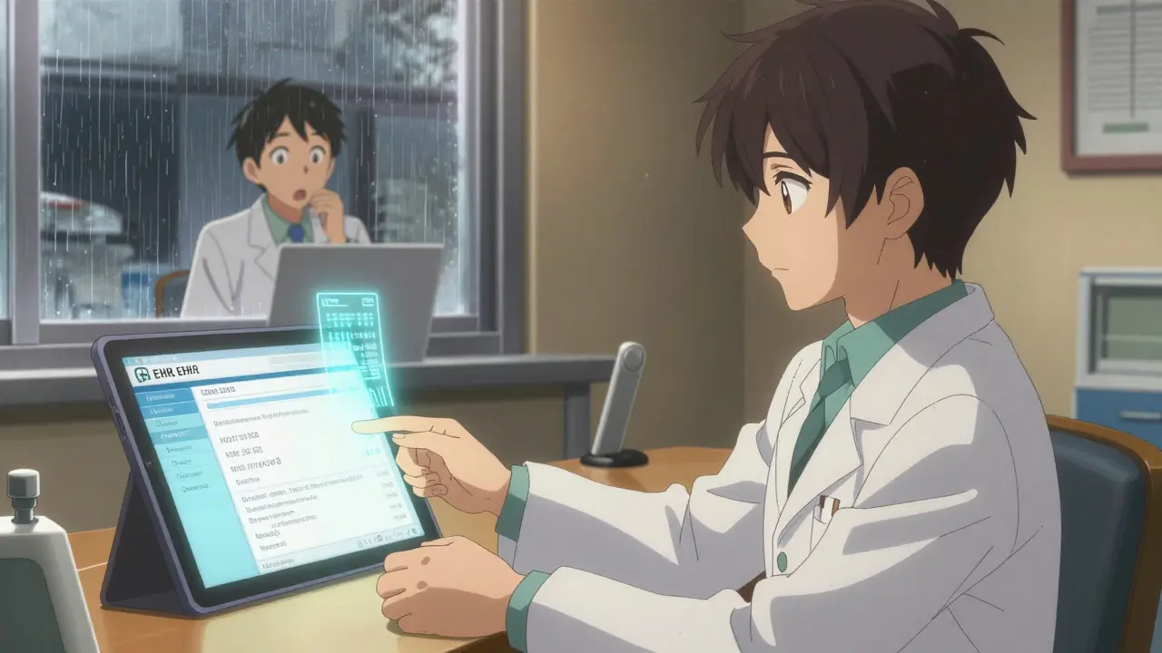 Pharmacist sends secure electronic message to prescriber with drug data floating between devices.