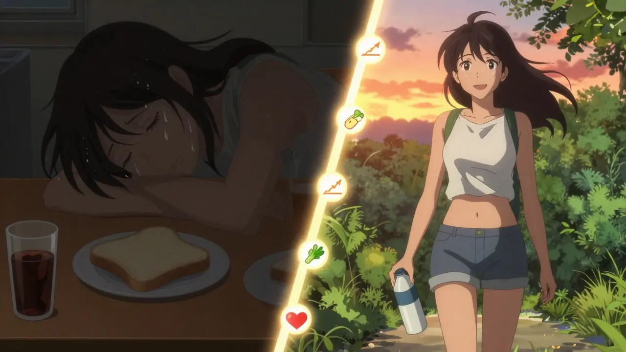 Split image: tired person at desk vs. same person smiling after walk, glowing path connecting both.