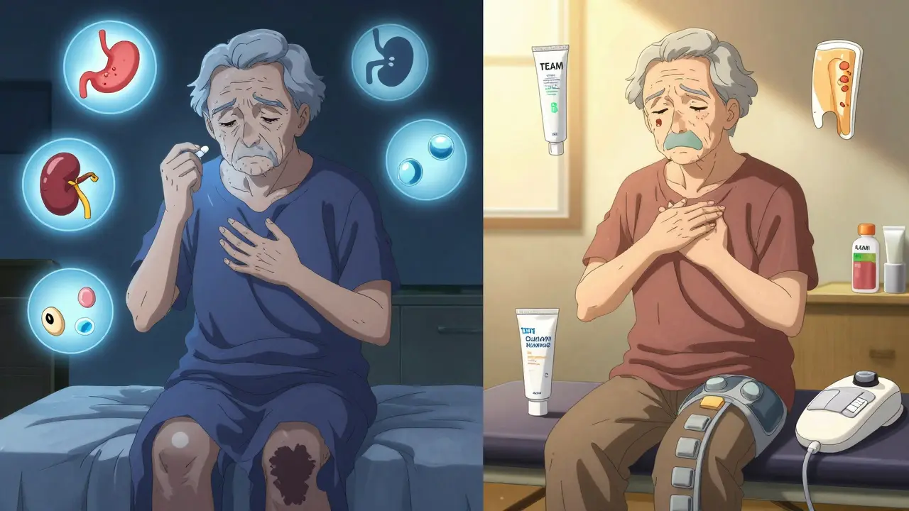 Split scene: left shows NSAID risks with warning icons; right shows safer alternatives like topical gel and physical therapy.