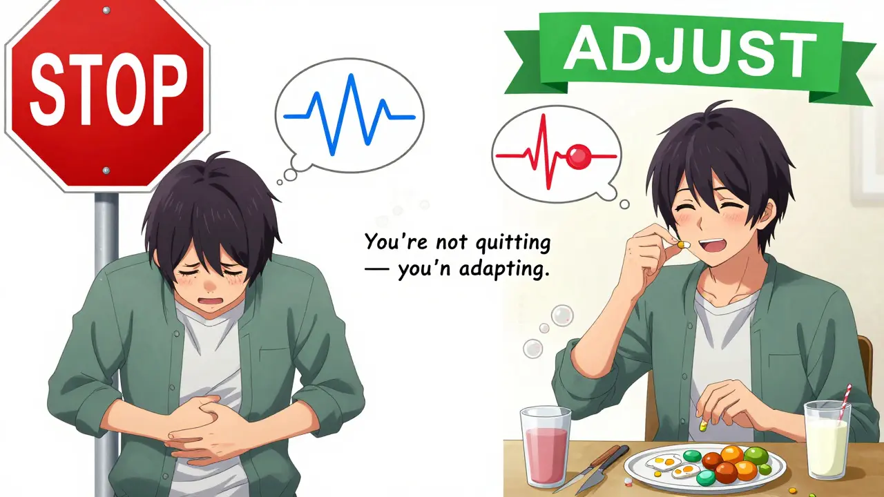 Split scene showing transition from distress to adjustment in medication use, with symbolic visuals of bodily adaptation.