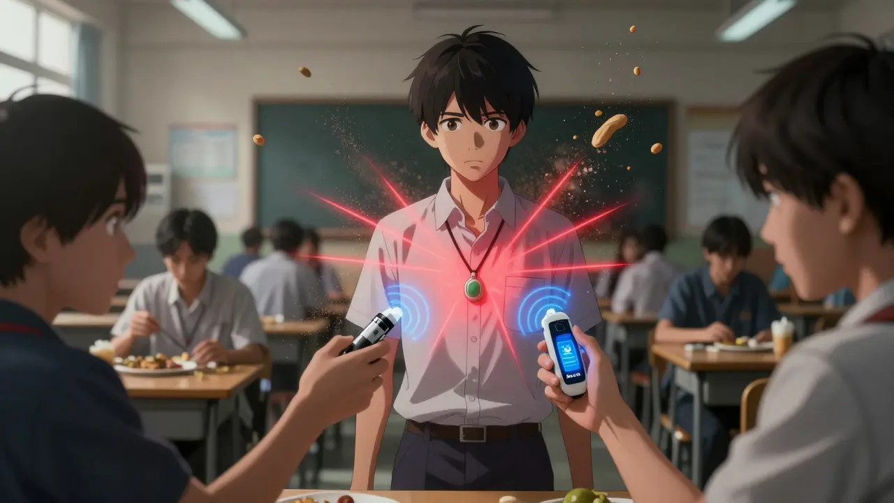 Teen in cafeteria surrounded by invisible peanut allergen dust, medical alert jewelry glowing, others rushing to help.